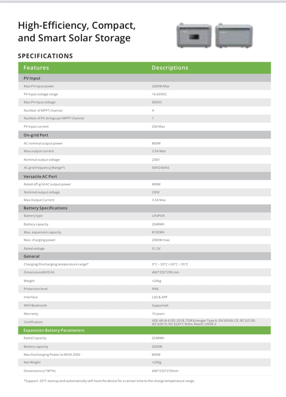 Growatt NEXA 2000 specifications sheet showcasing features, battery options, and solar storage details.