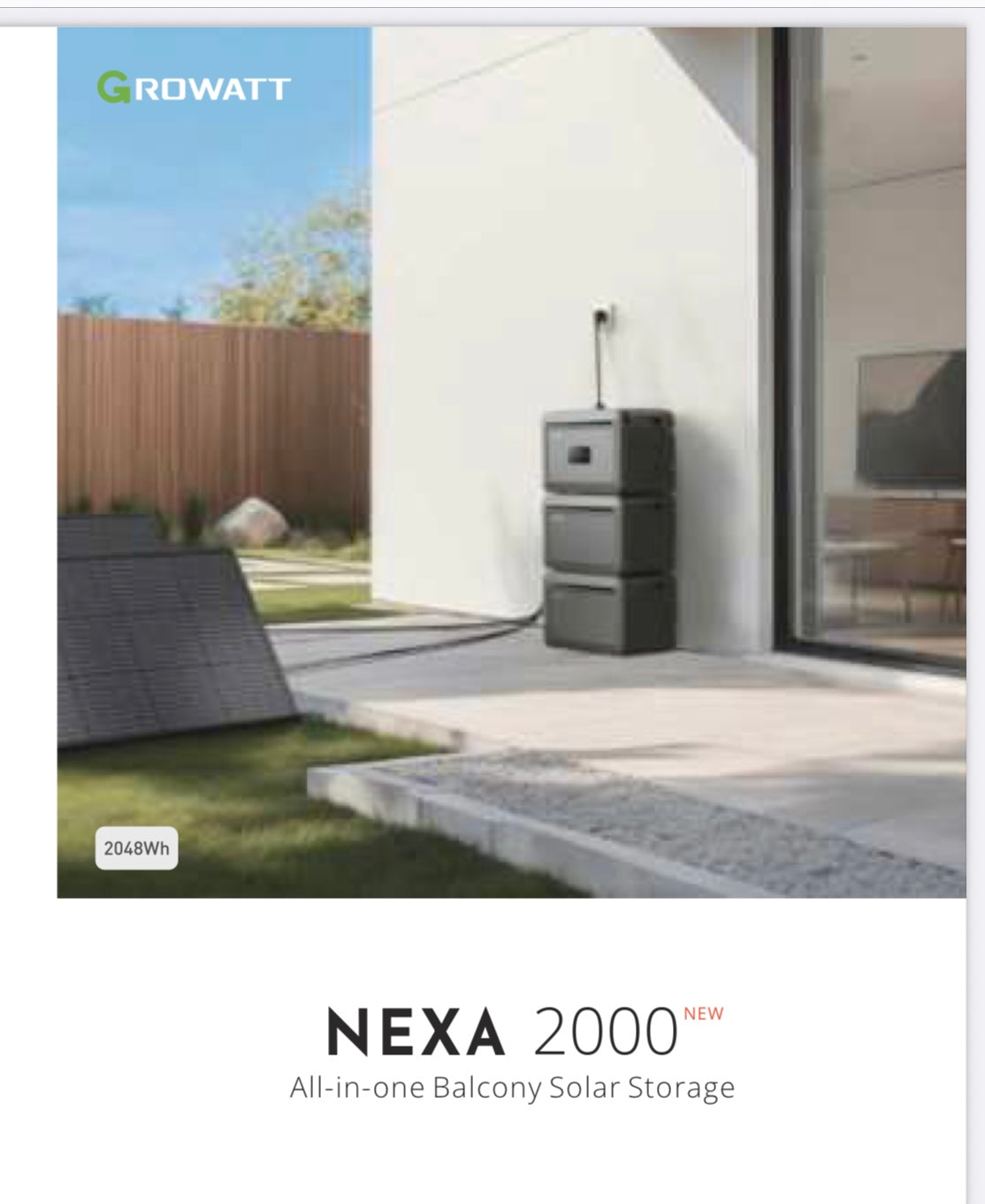 Growatt NEXA 2000 All-in-One Balcony Solar Storage system displayed outdoors with solar panels.