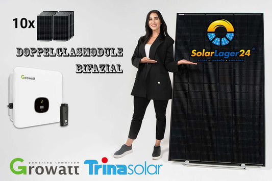 10 Trina Solar bifaziale Doppelglasmodule und Growatt Hybridwechselrichter in einer Produktpräsentation.