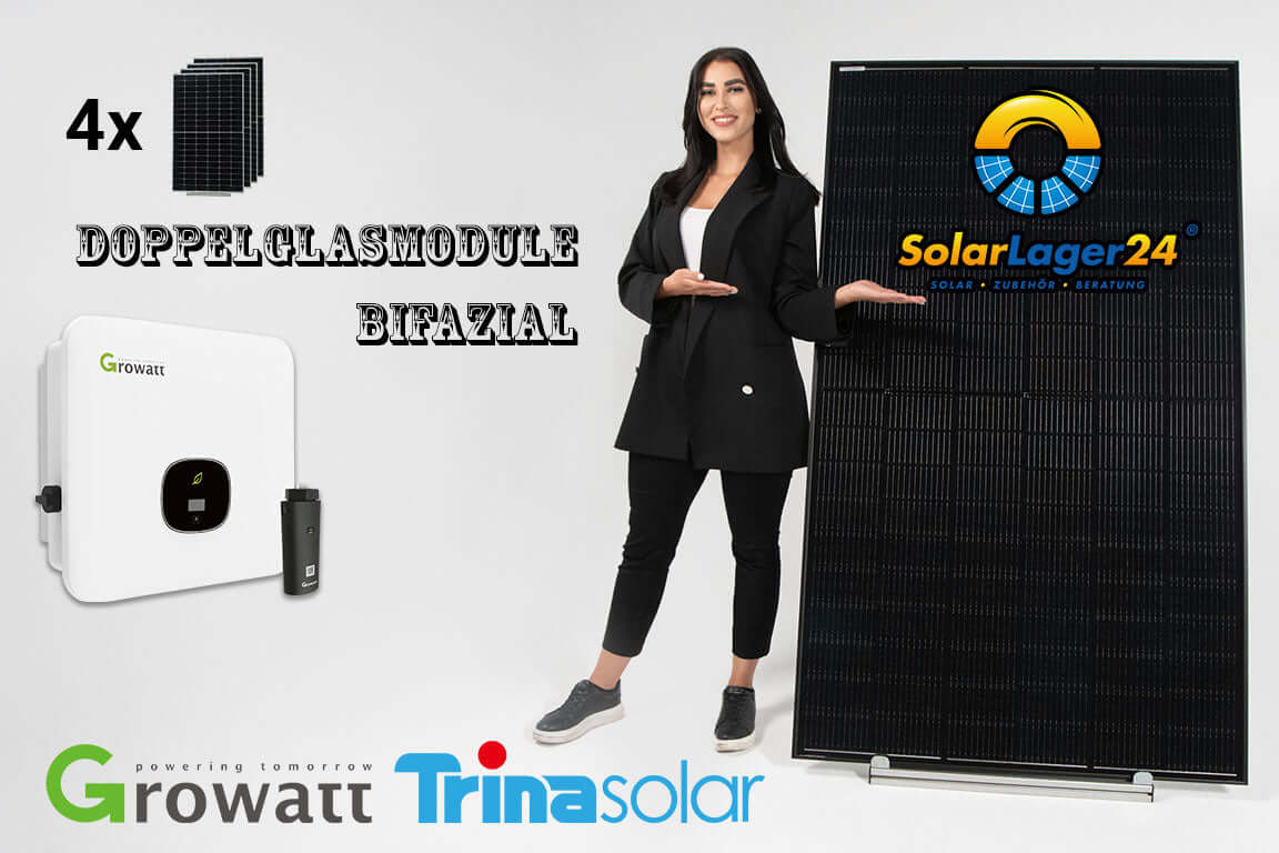 Woman presenting 4 bifacial double-glass solar modules with Growatt inverter and WiFi stick, featuring Trina Solar logo.