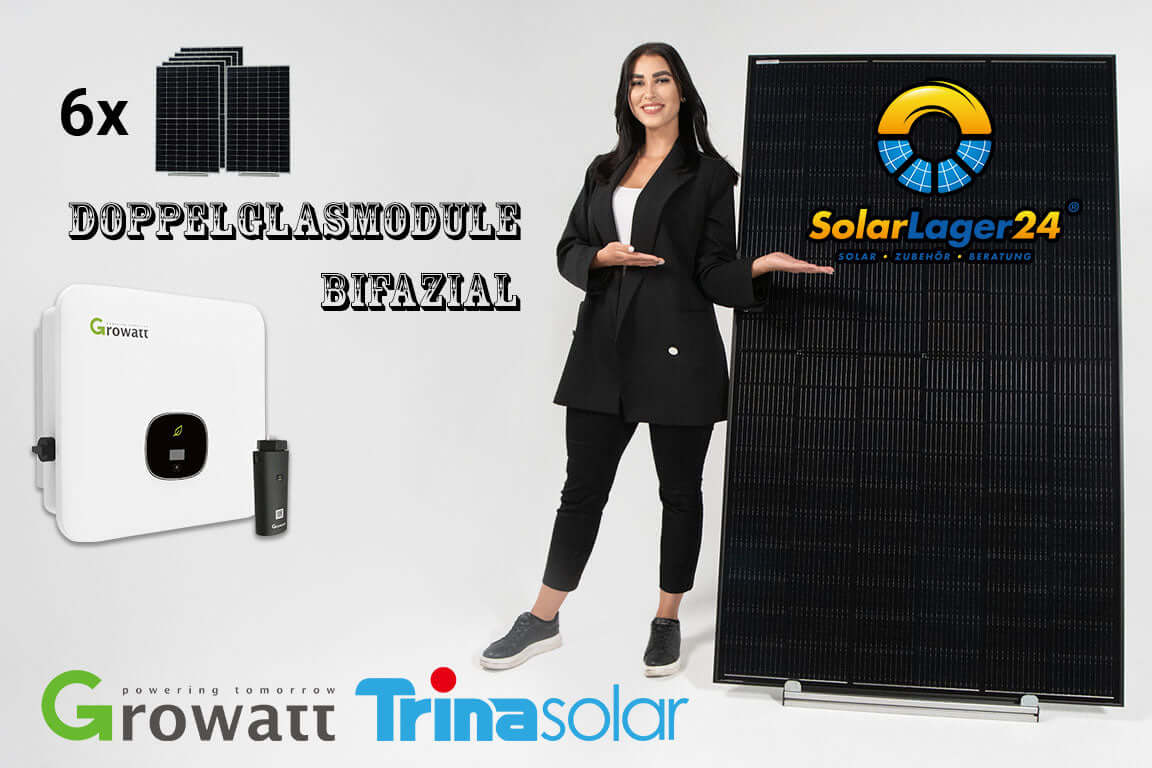 Frau mit bifazialen Trina Solar Doppelglasmodulen, Growatt Wechselrichter und WiFi-Stick für Solaranlage.