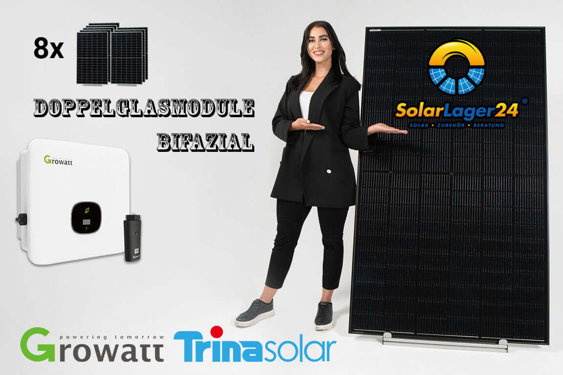 Frau präsentiert 8 bifaziale Doppelglas-Solarmodule von Trina Solar und Growatt Wechselrichter.