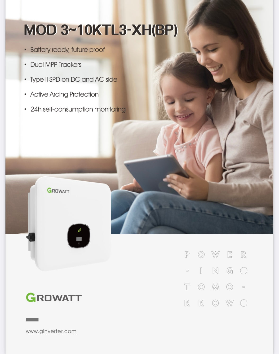 Growatt MOD 3~10KTL3-XH(BP) inverter with battery readiness and dual MPP trackers, featuring self-consumption monitoring.