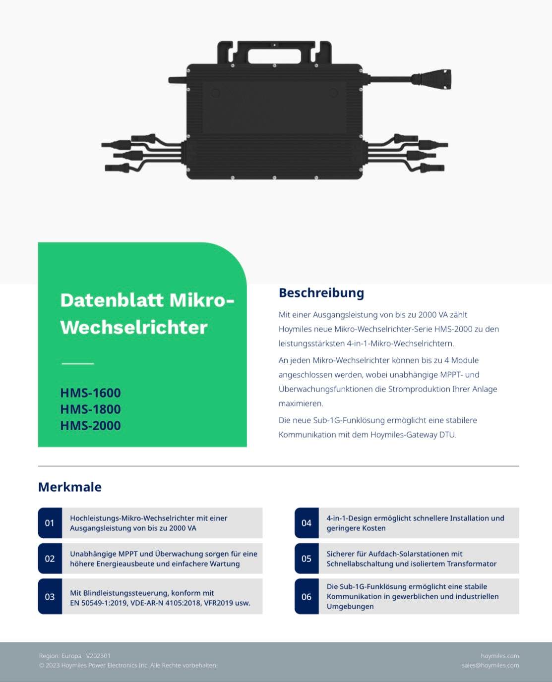 Datenblatt für Hoymiles Mikro-Wechselrichter HMS-1600, HMS-1800 und HMS-2000 mit technischen Spezifikationen.