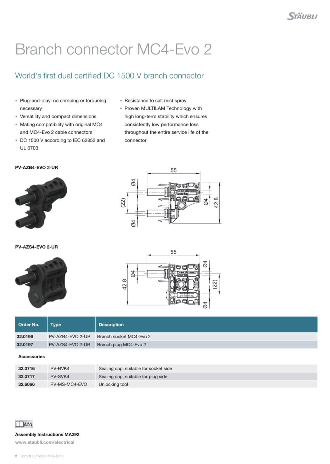 Stäubli MC4 EVO2 "Male" Abzweigstecker / Branch connector