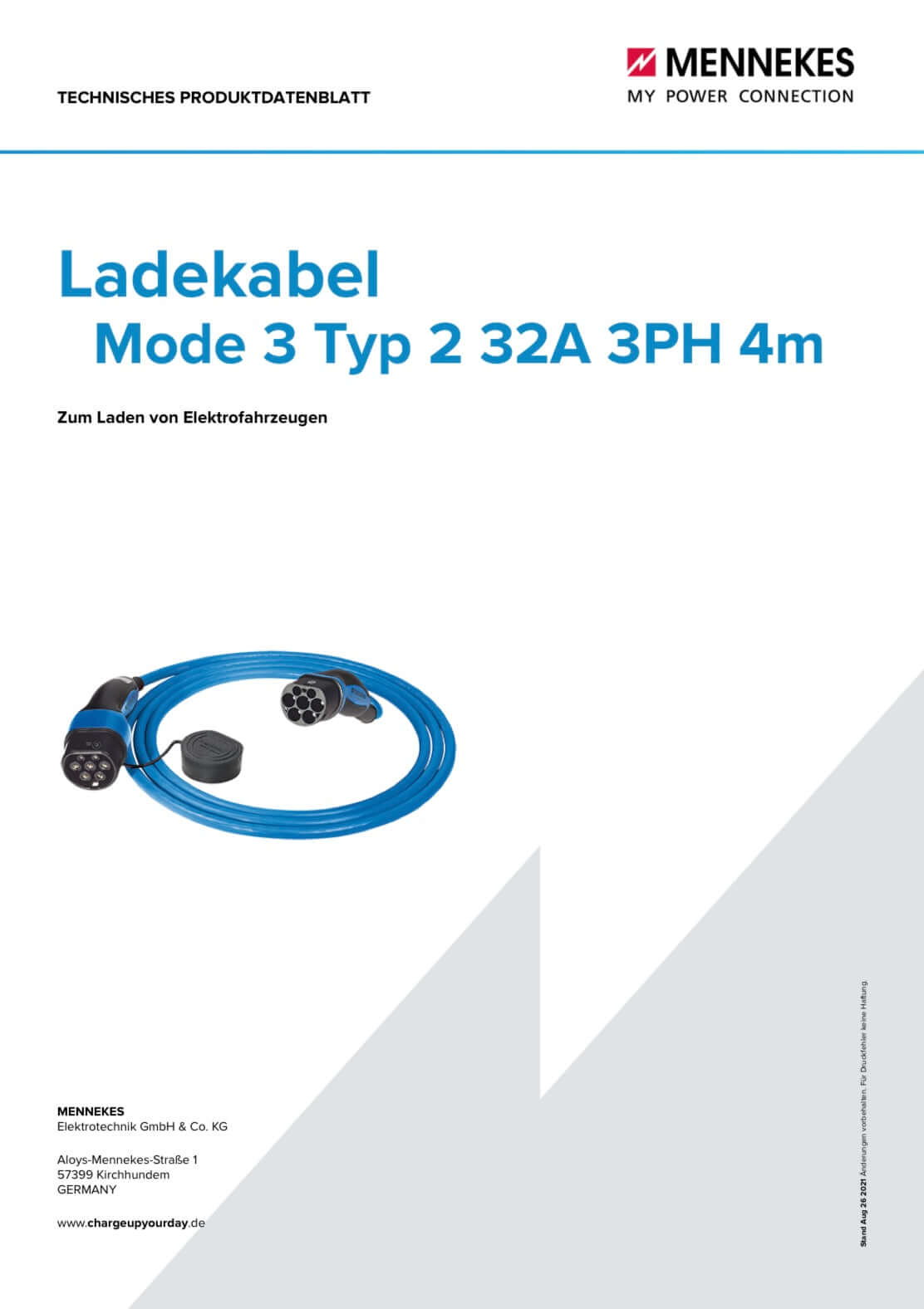 Mennekes Ladekabel Mode 3 Typ 2 32A 3PH (4,0m / 7,5m)