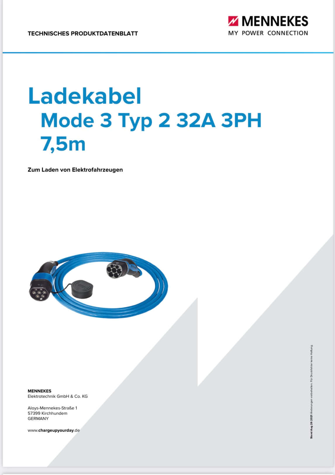 Mennekes Ladekabel Mode 3 Typ 2 32A 3PH (4,0m / 7,5m)