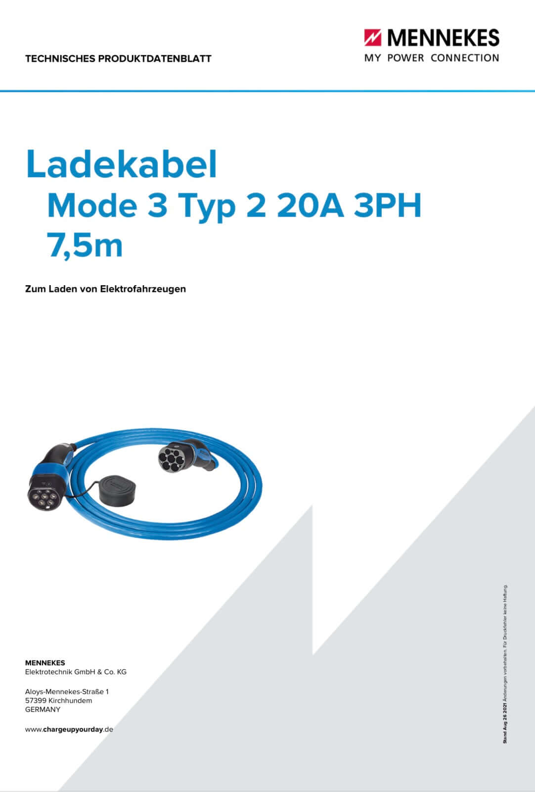 Mennekes Ladekabel Mode 3 Typ 2 20A 3PH 4,0m / 7,5m