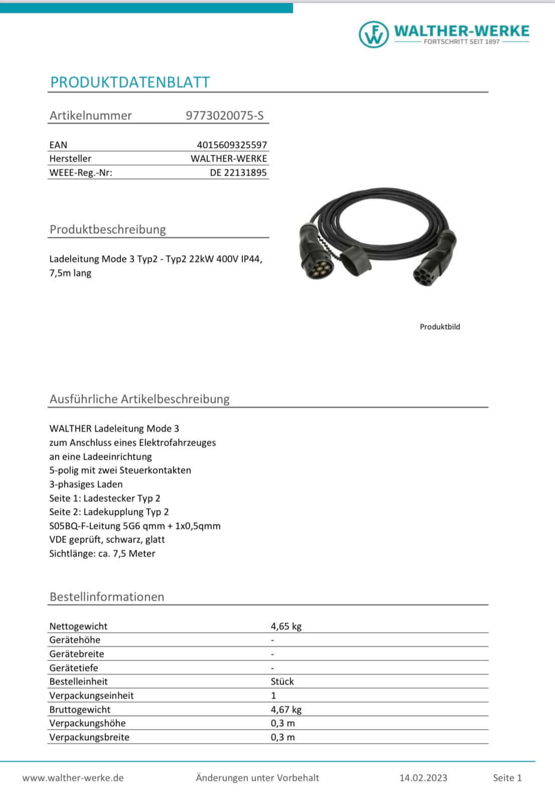 Walther-Werke charging cable, Mode 3, Type 2-Type 2, 22kW, black (5.0m / 7.5m)