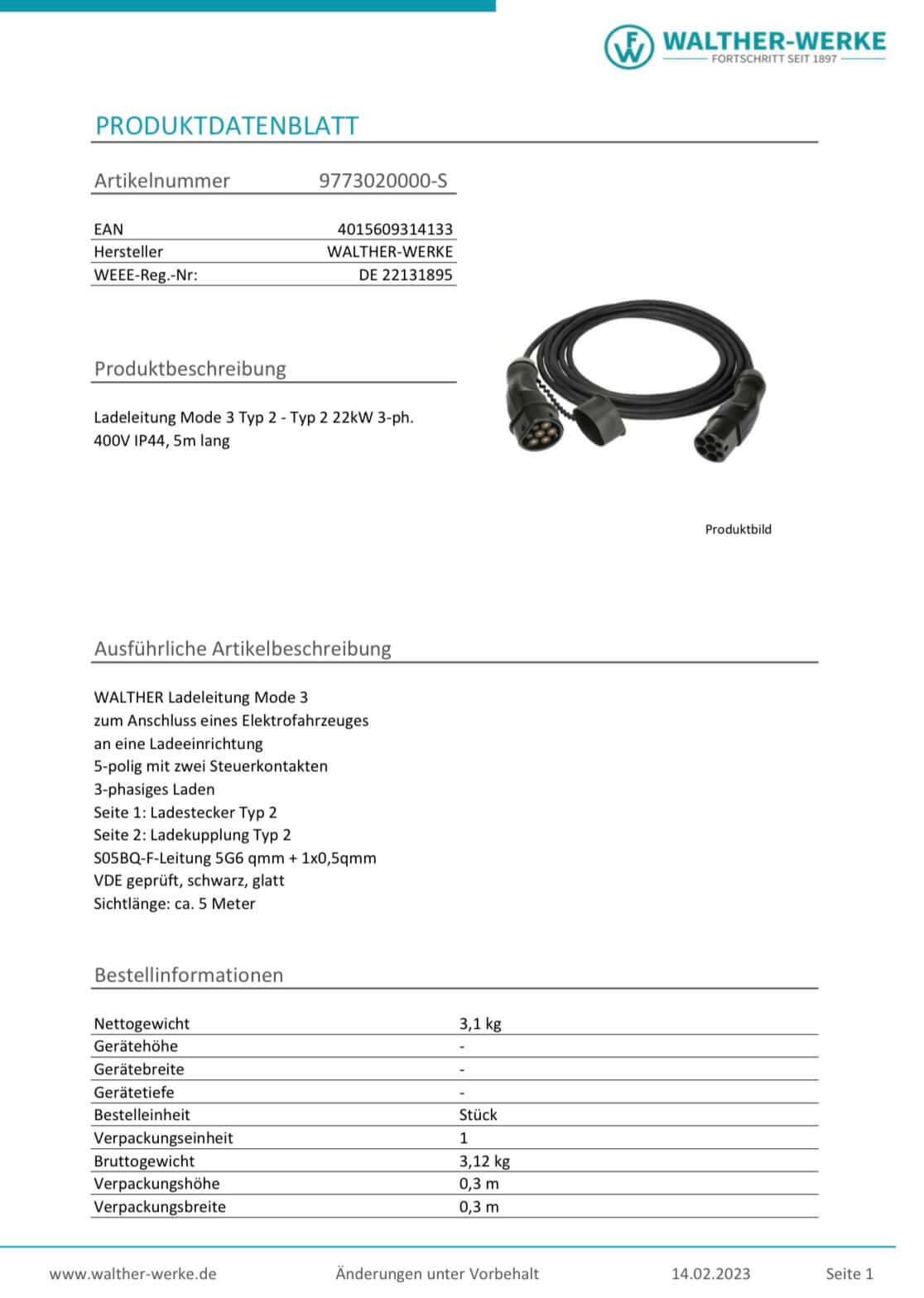 Walther-Werke charging cable, Mode 3, Type 2-Type 2, 22kW, black (5.0m / 7.5m)