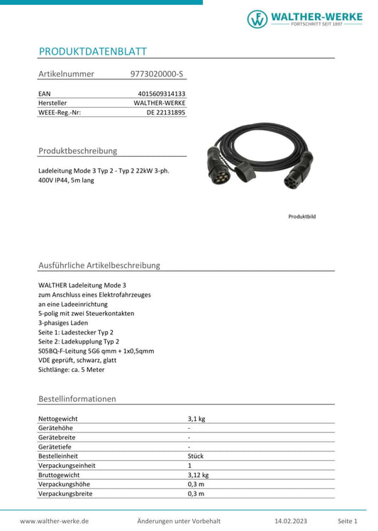 Walther-Werke charging cable, Mode 3, Type 2-Type 2, 22kW, black (5.0m / 7.5m)