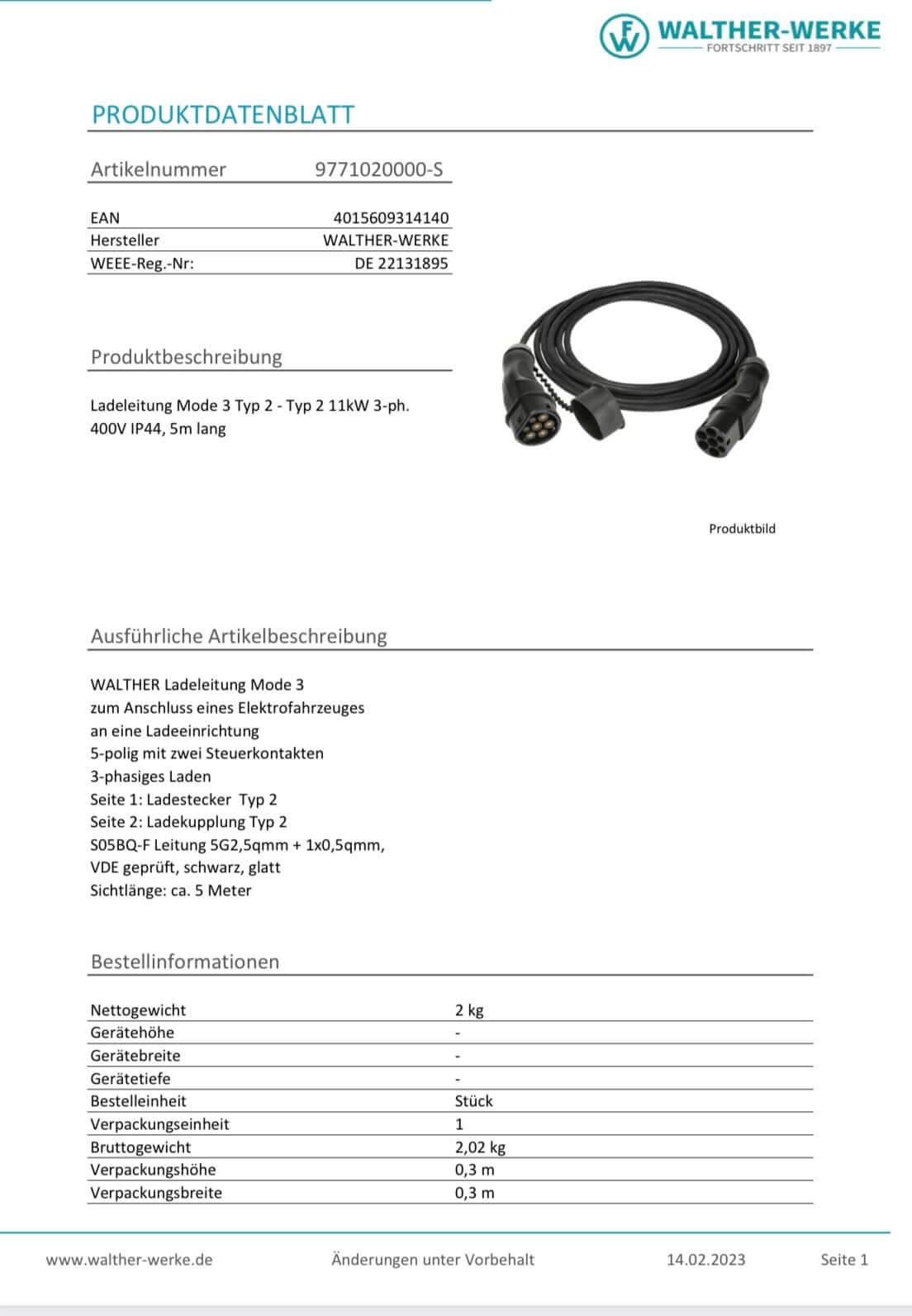 Walther-Werke Ladekabel, Mode 3, Typ2-Typ2, 11kW, schwarz (5,0m / 7,5m)
