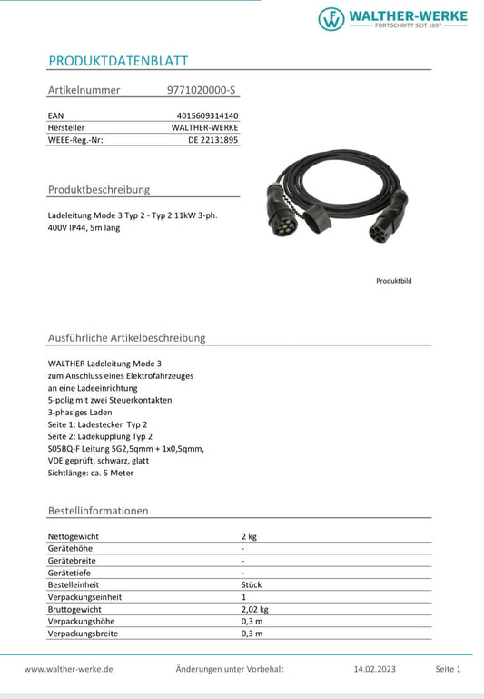 Walther-Werke charging cable, Mode 3, Type 2-Type 2, 11kW, black (5.0m / 7.5m)