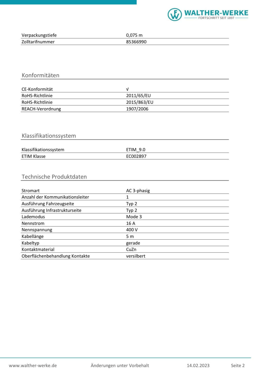 Walther-Werke Ladekabel, Mode 3, Typ2-Typ2, 11kW, schwarz (5,0m / 7,5m)