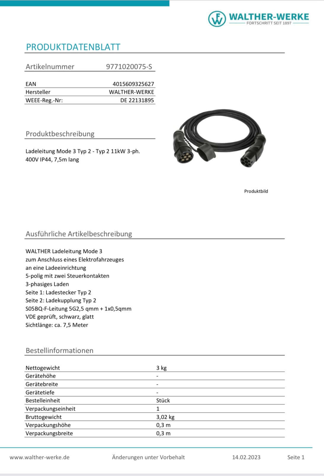 Walther-Werke Ladekabel, Mode 3, Typ2-Typ2, 11kW, schwarz (5,0m / 7,5m)