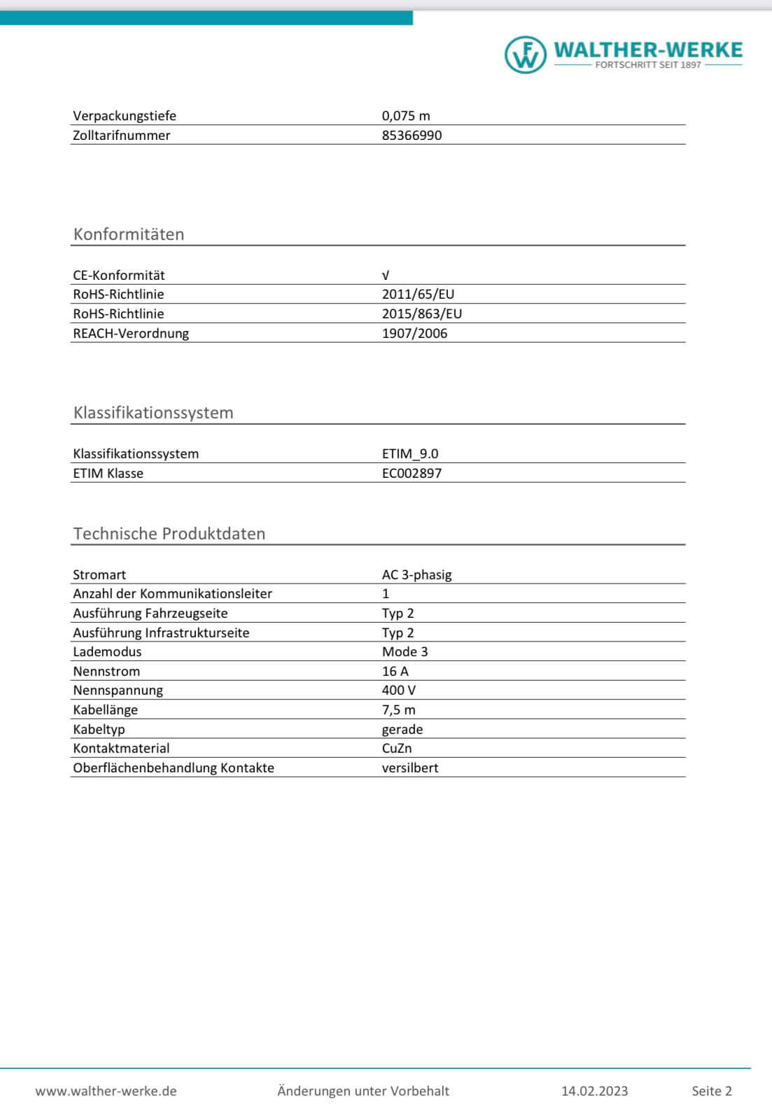 Walther-Werke Ladekabel, Mode 3, Typ2-Typ2, 11kW, schwarz (5,0m / 7,5m)