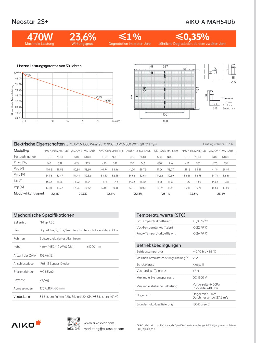 37x AIKO 460W Solarmodule NEOSTAR 2S+ (GEN 2) Doppelglas, AIKO-A446-MAH54Db