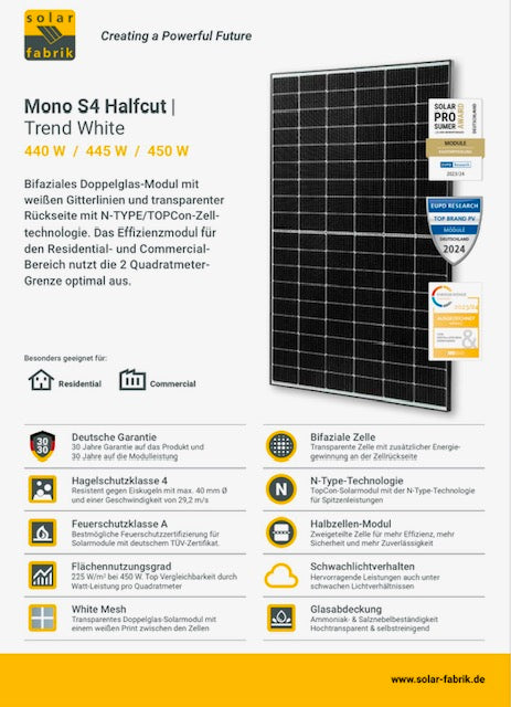 SolarFabrik Mono S4 Trend White 445W Doppelglas Solarmodul mit technischen Details und Garantien.