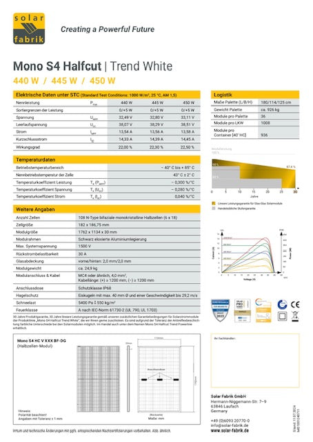 Technical specifications of the SolarFabrik Mono S4 Trend White 445W dual-glass solar module.