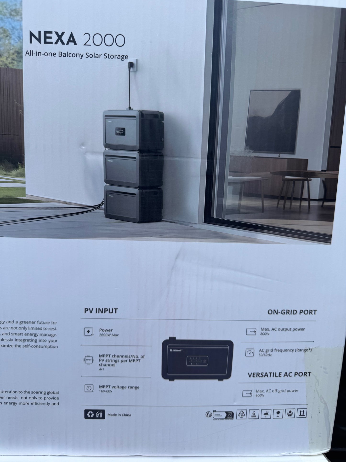 Growatt NEXA 2000 all-in-one balcony solar storage unit, with PV input and on-grid port features displayed.