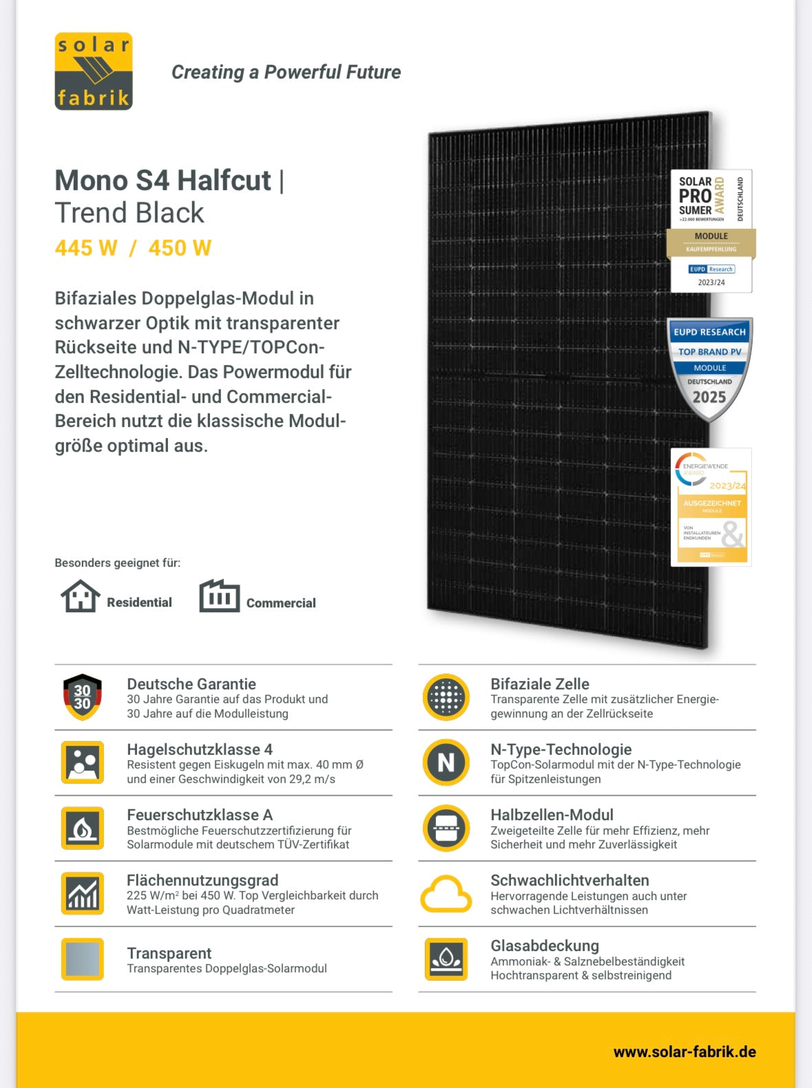 SolarFabrik Mono S4 Trend Black 450W Doppelglas Solarmodul