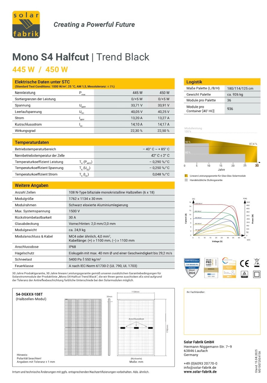 SolarFabrik Mono S4 Trend Black 450W Doppelglas Solarmodul