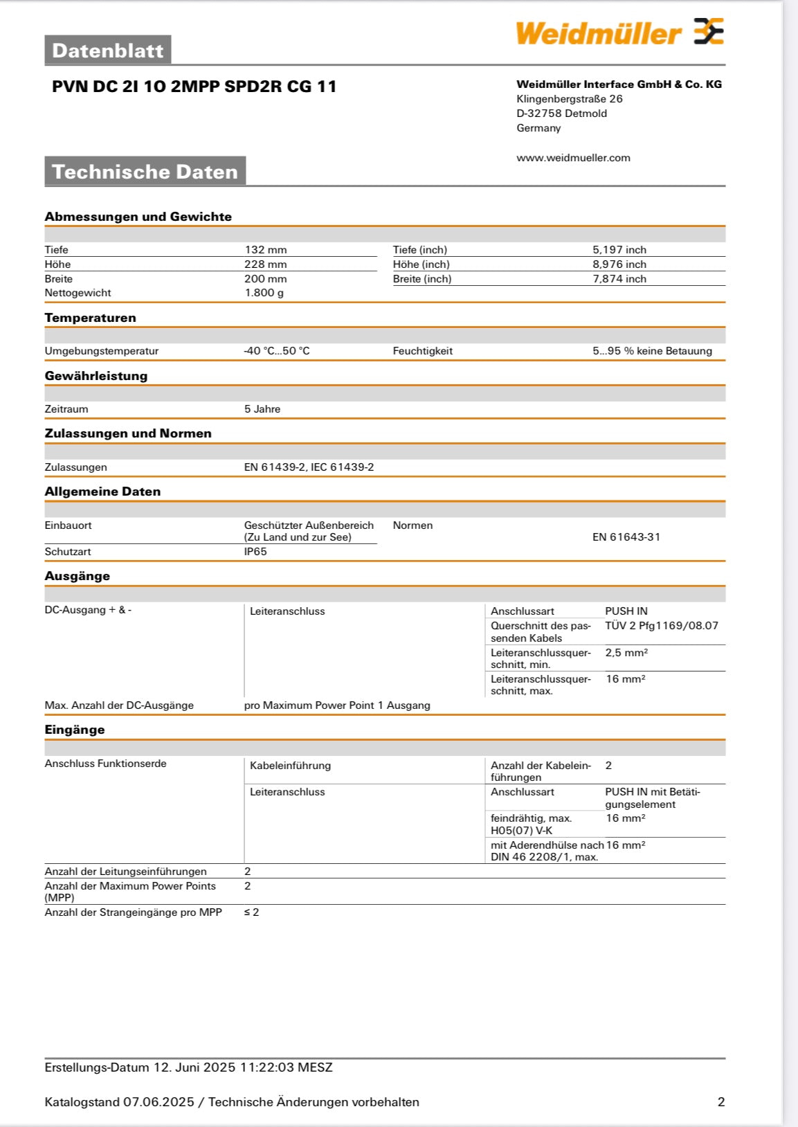 Weidmüller Generatoranschlusskasten PVN DC 2I 1O 2MPP SPD2R CG 11, 2 MPPT, Überspannungsschutz II