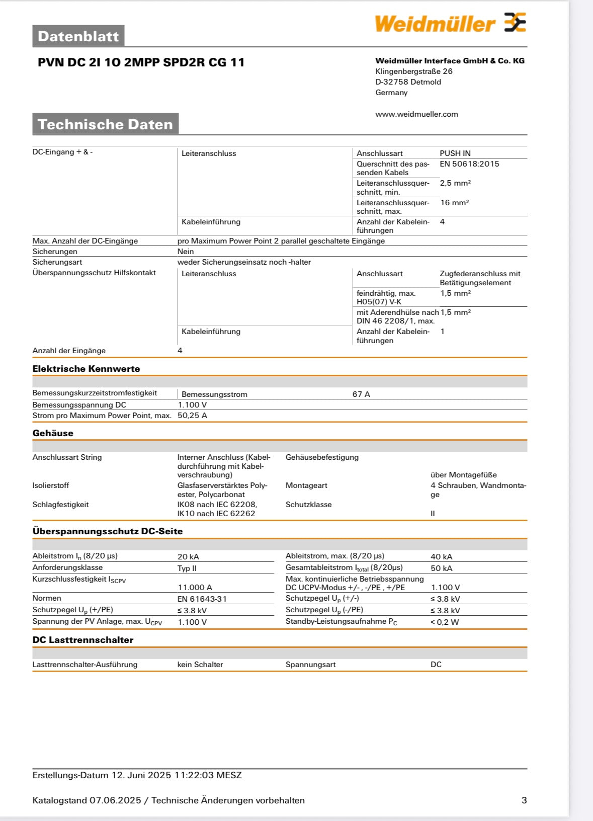 Weidmüller Generatoranschlusskasten PVN DC 2I 1O 2MPP SPD2R CG 11, 2 MPPT, Überspannungsschutz II