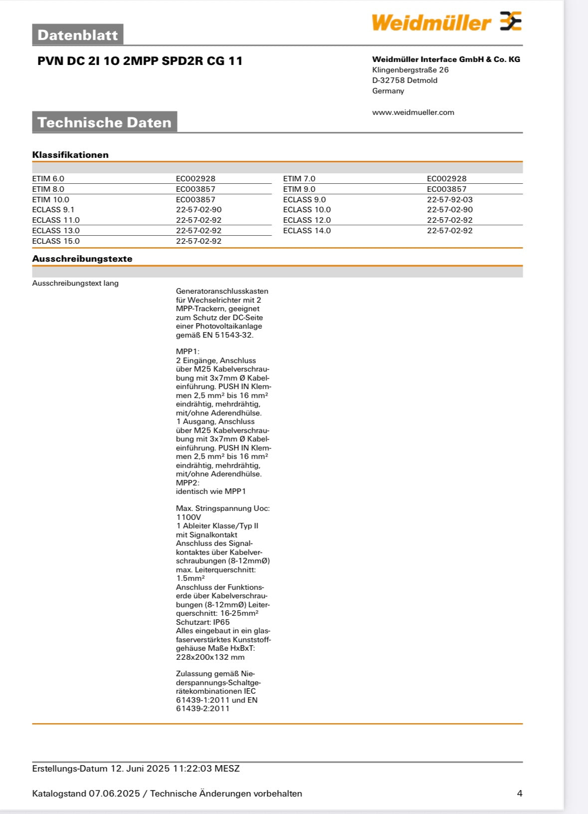 Weidmüller Generatoranschlusskasten PVN DC 2I 1O 2MPP SPD2R CG 11, 2 MPPT, Überspannungsschutz II