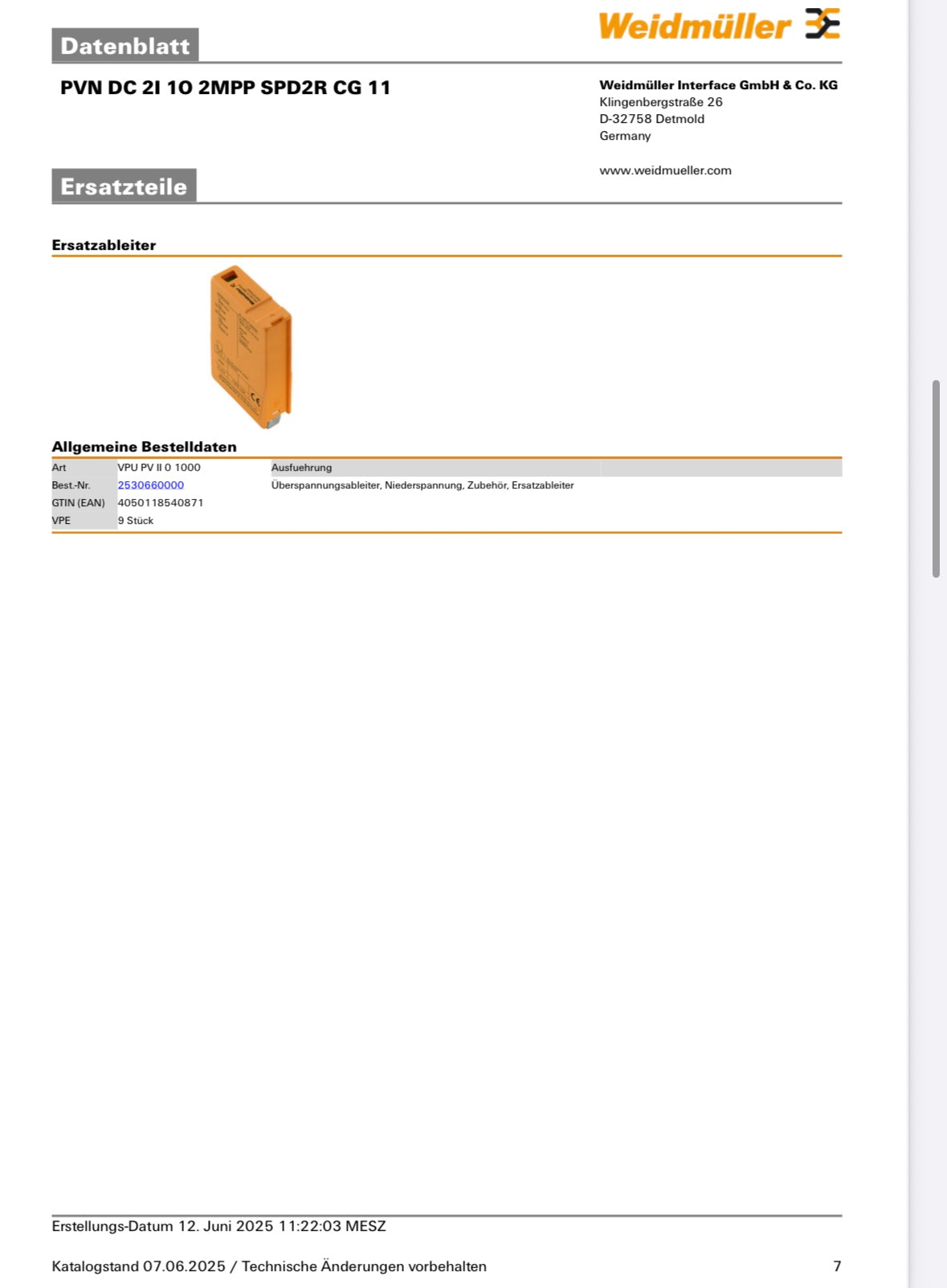 Weidmüller Generatoranschlusskasten PVN DC 2I 1O 2MPP SPD2R CG 11, 2 MPPT, Überspannungsschutz II