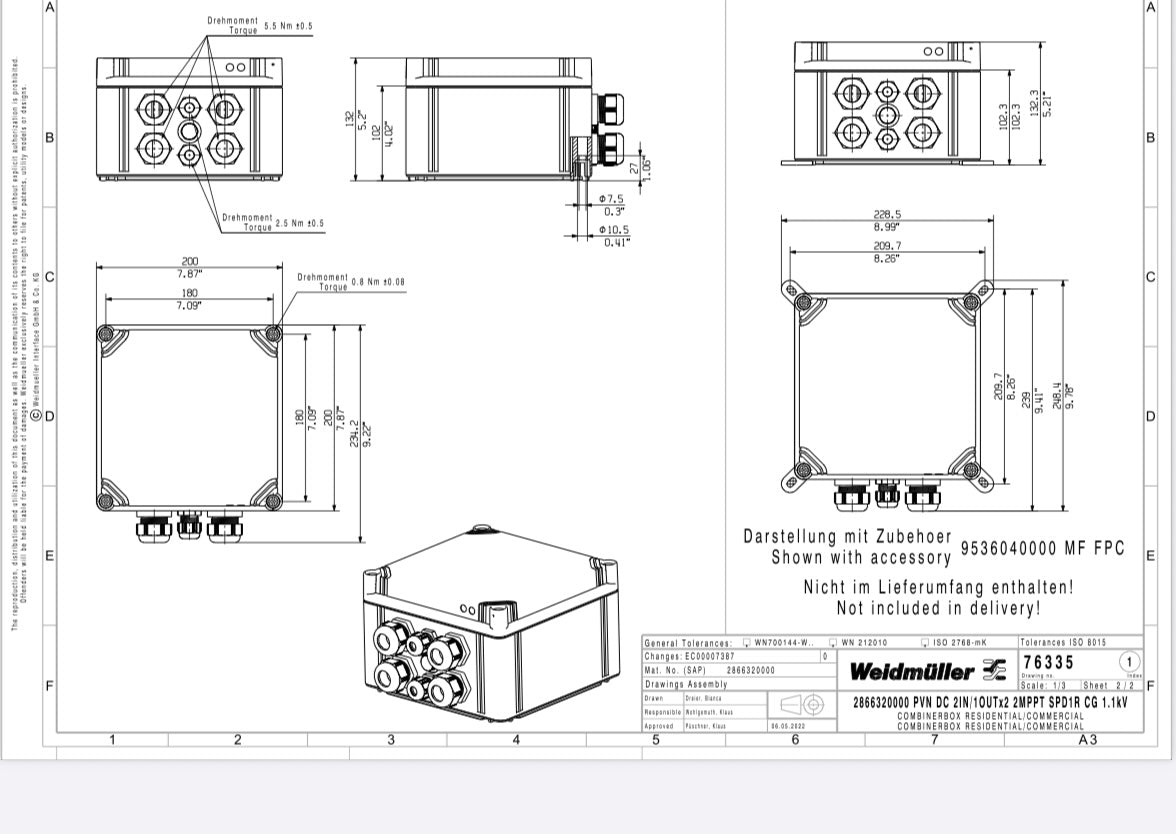 Weidmüller Generatoranschlusskasten PVN DC 2I 1O 2MPP SPD2R CG 11, 2 MPPT, Überspannungsschutz II