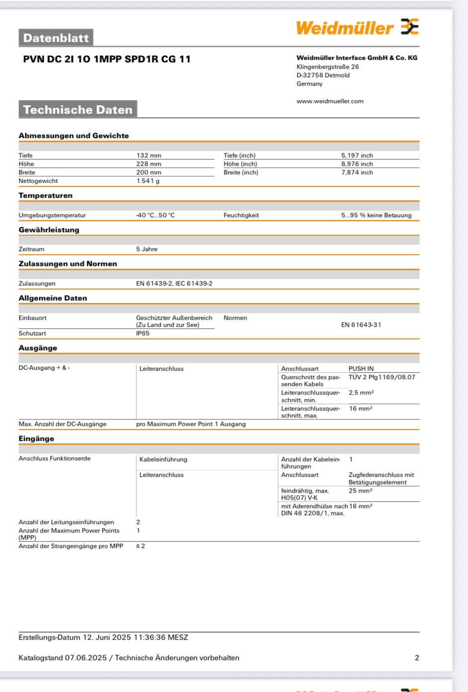 Weidmüller Generatoranschlusskasten PVN DC 2I 1O 1MPP SPD1R CG 11, Überspannungsschutz I / II