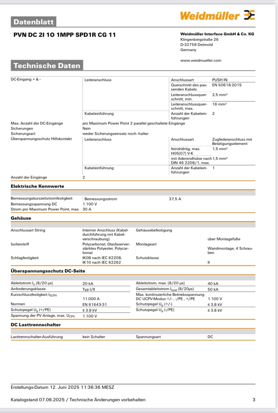Weidmüller Generatoranschlusskasten PVN DC 2I 1O 1MPP SPD1R CG 11, Überspannungsschutz I / II