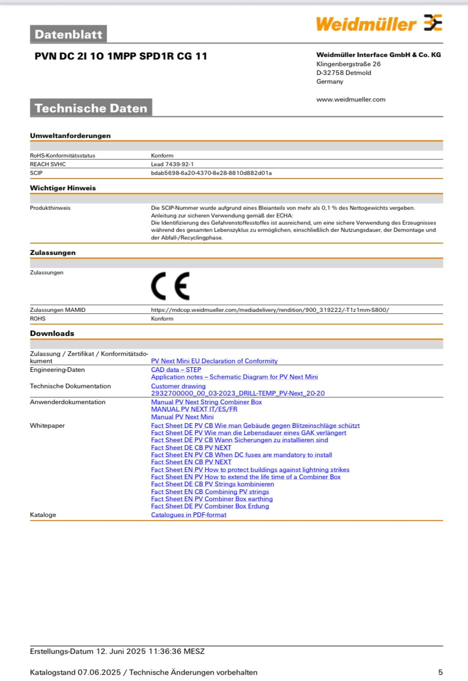 Weidmüller Generatoranschlusskasten PVN DC 2I 1O 1MPP SPD1R CG 11, Überspannungsschutz I / II