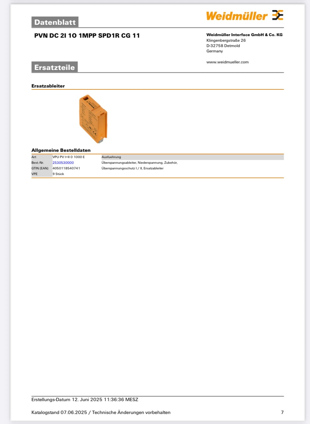 Weidmüller Generatoranschlusskasten PVN DC 2I 1O 1MPP SPD1R CG 11, Überspannungsschutz I / II