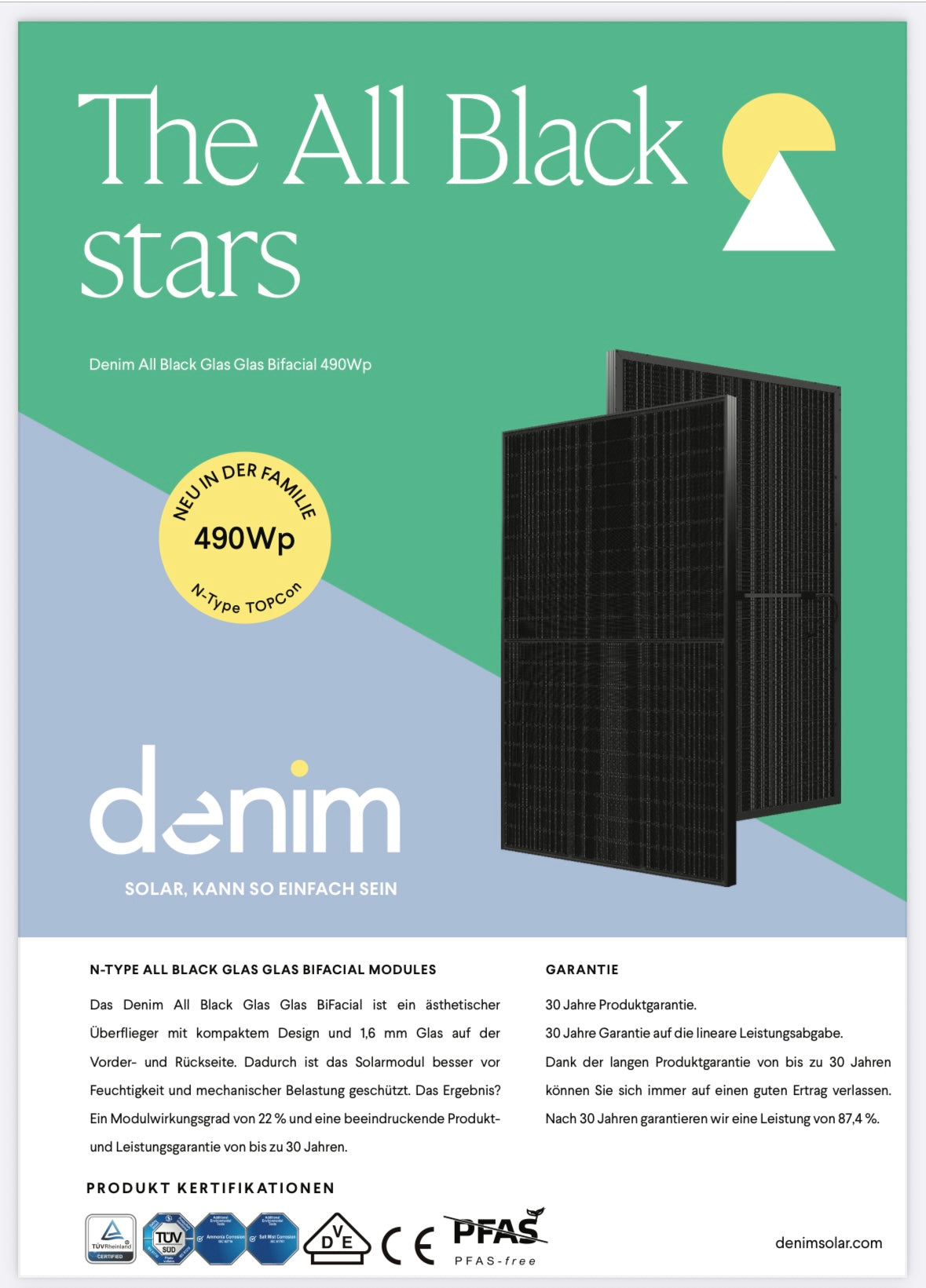 Denim 490W Bifacial Solarmodul All Black