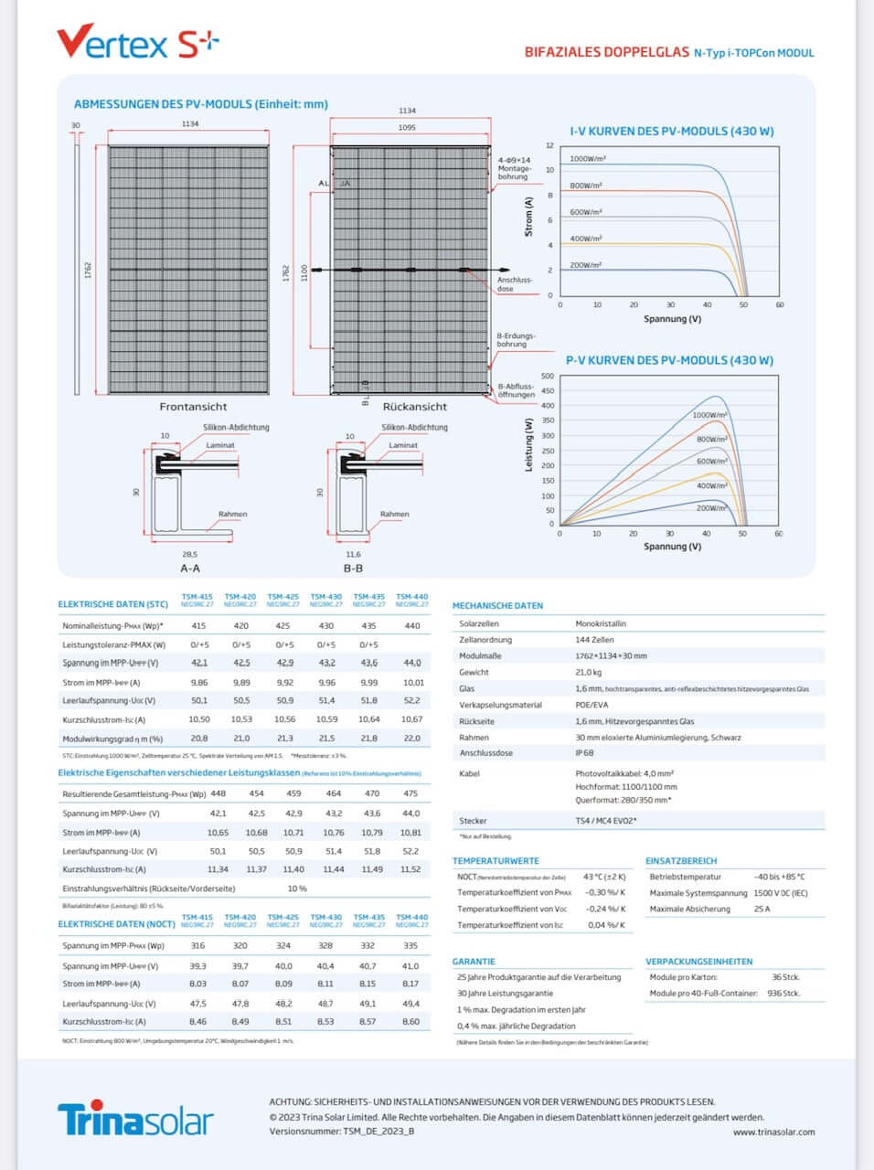 Technical specifications sheet for Trina Solar Vertex S+ bifacial modules with efficiency and performance data.