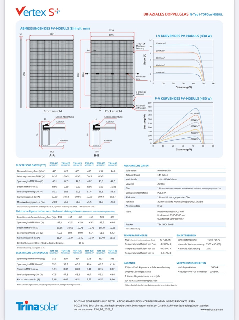 Trina Solar Vertex S+ bifaziale Solarmodul technische Spezifikationen und Datenblatt.