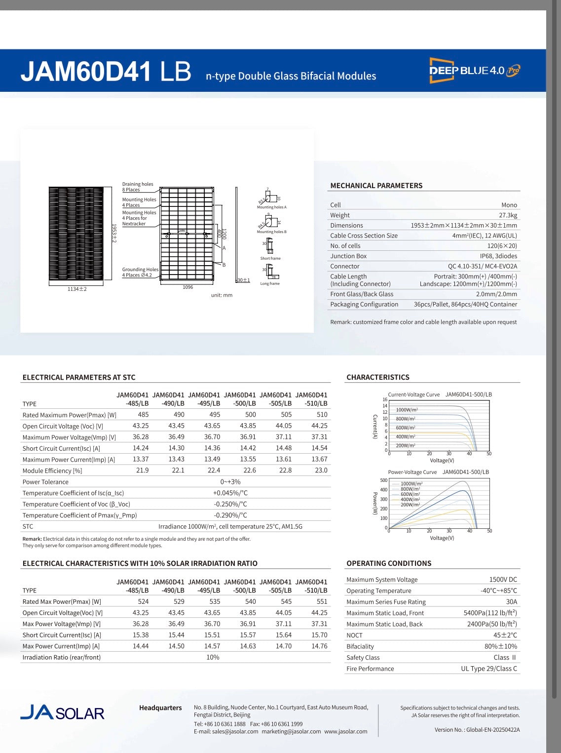 JA Solar N-Type 500W - Bifaziales Doppelglas All Black Solarmodul