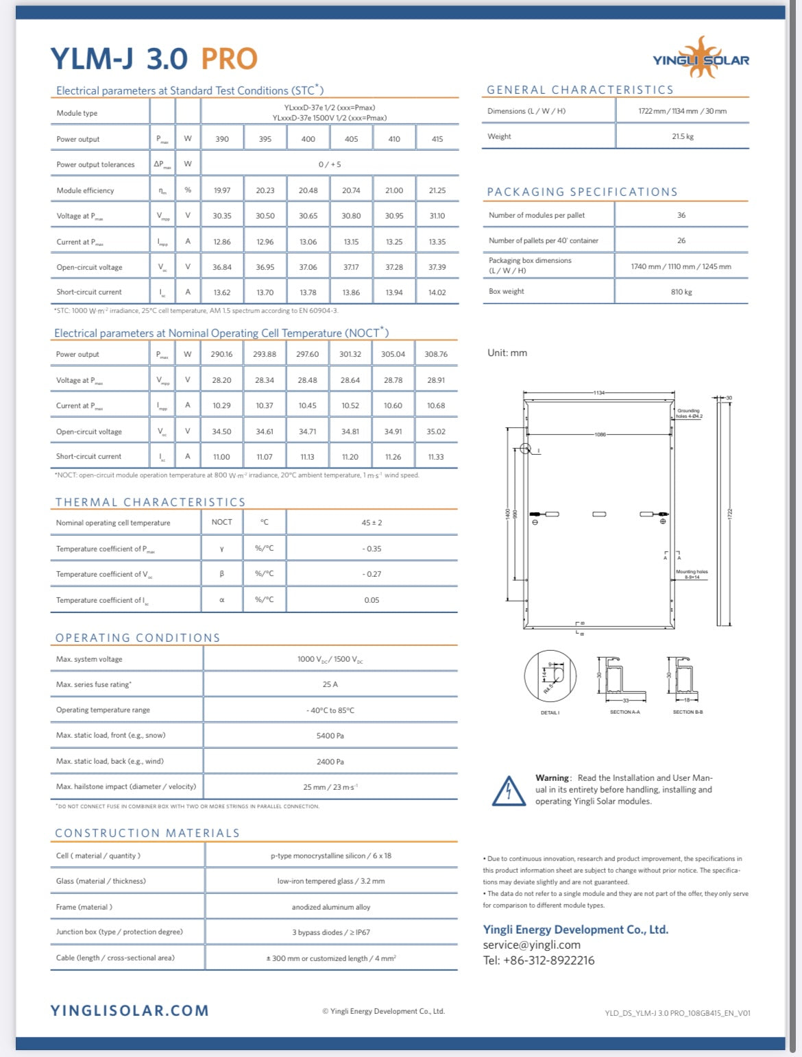 Technical specifications sheet for Yingli Solar YLM-J 3.0 Pro series solar panel, detailing performance and materials.