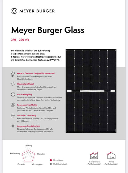 Meyer Burger Glass 375W HJT Premium Bifacial Solarmodul, 375Wp