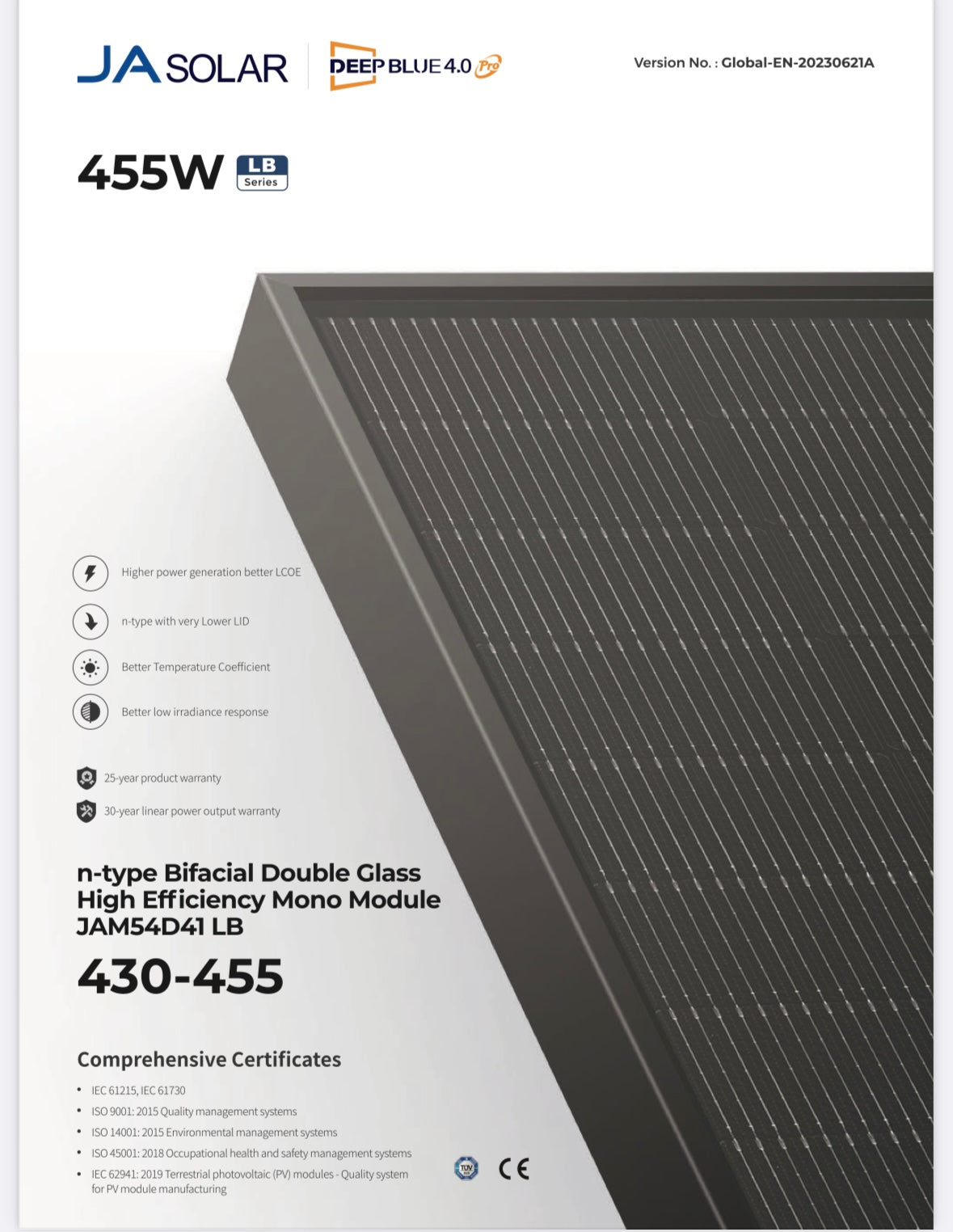 JA Solar 455W n-type bifacial double glass high-efficiency solar module JAM54D41 LB technical specifications.