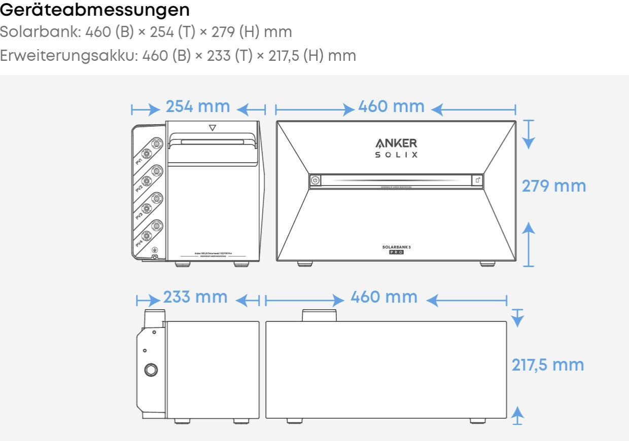Technische Zeichnung der Anker Solix Solarbank 3 Pro mit Abmessungen in mm.