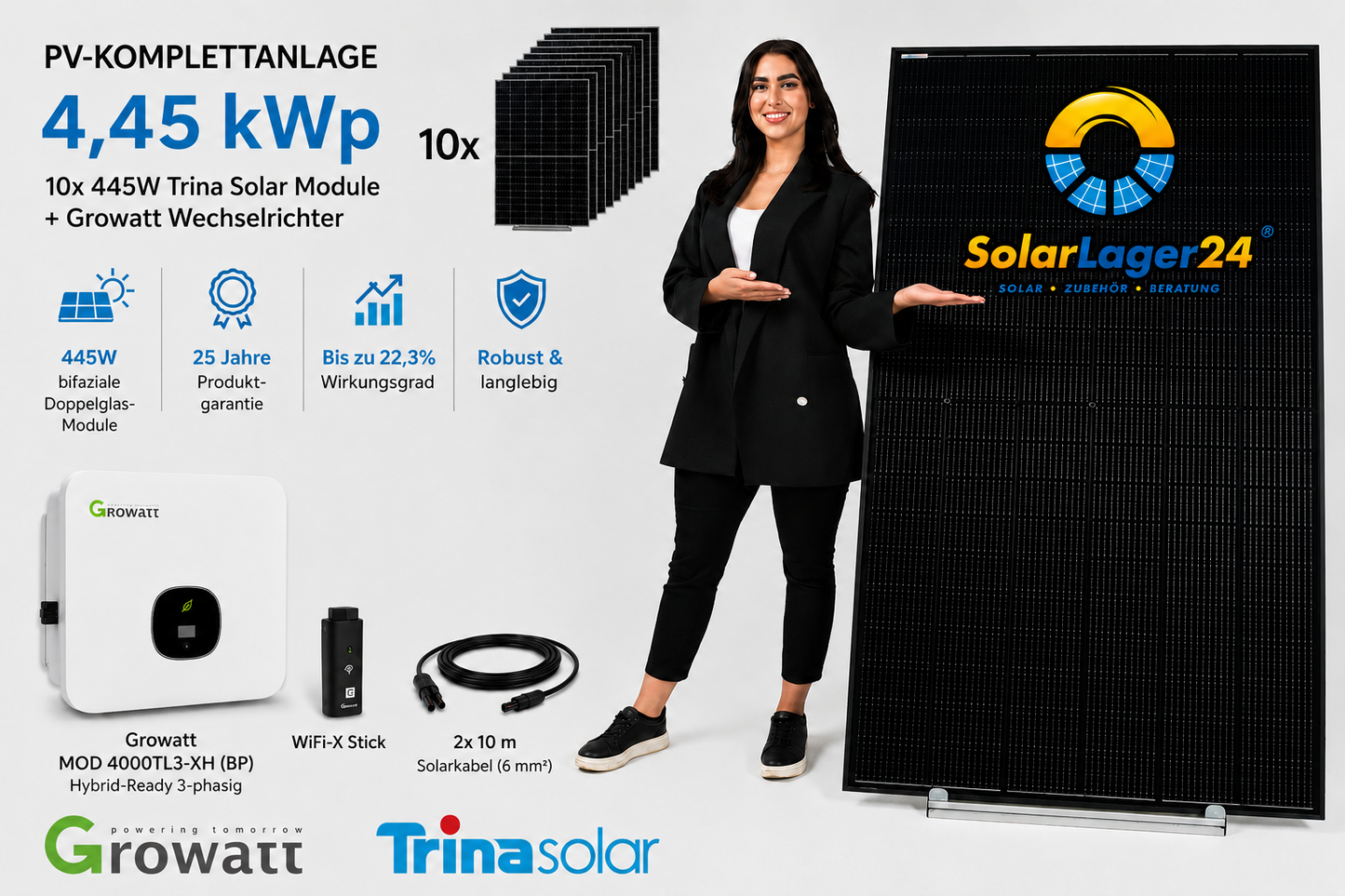 PV-Komplettanlage 4,45 kWp | 10× Trina Vertex S+ bifazial | Growatt Hybridwechselrichter