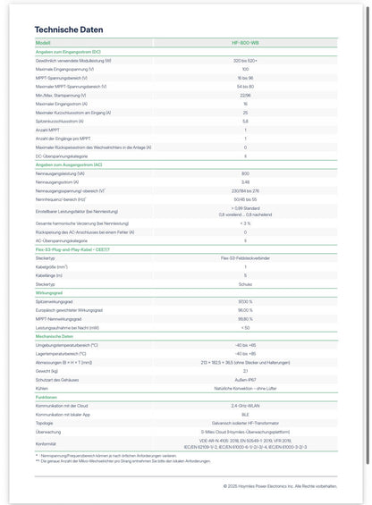 Hoymiles HF-800-WB – Datenblatt – elektrische und mechanische Daten
