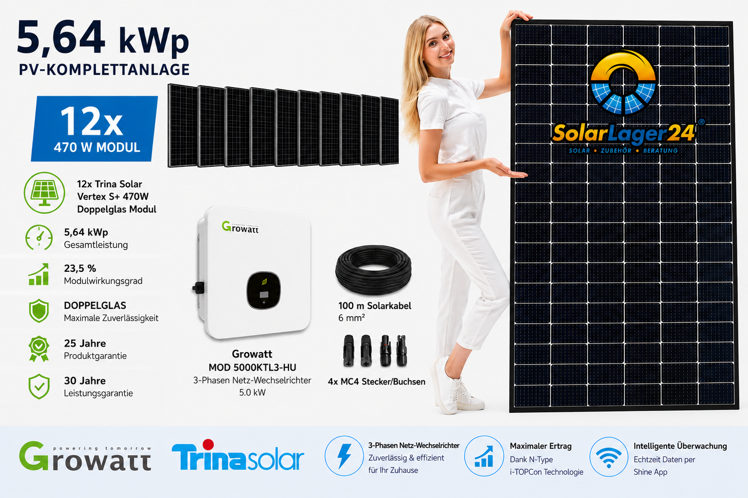 5,64 kWp PV-Komplettanlage | 12× Trina Solar 470W + Growatt MOD 5000KTL3-HU