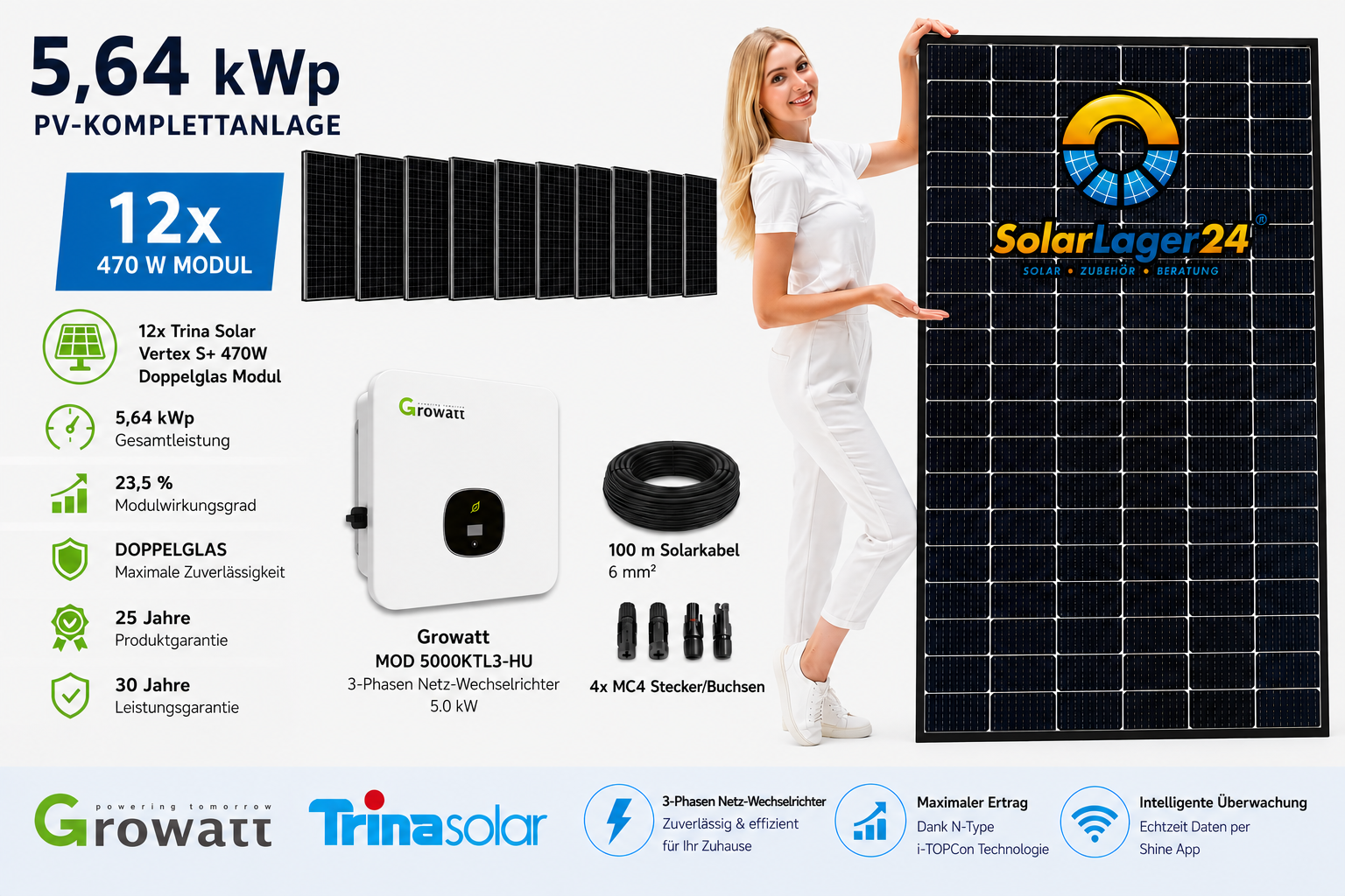 5,64 kWp PV-Komplettanlage | 12× Trina Solar 470W + Growatt MOD 5000KTL3-HU