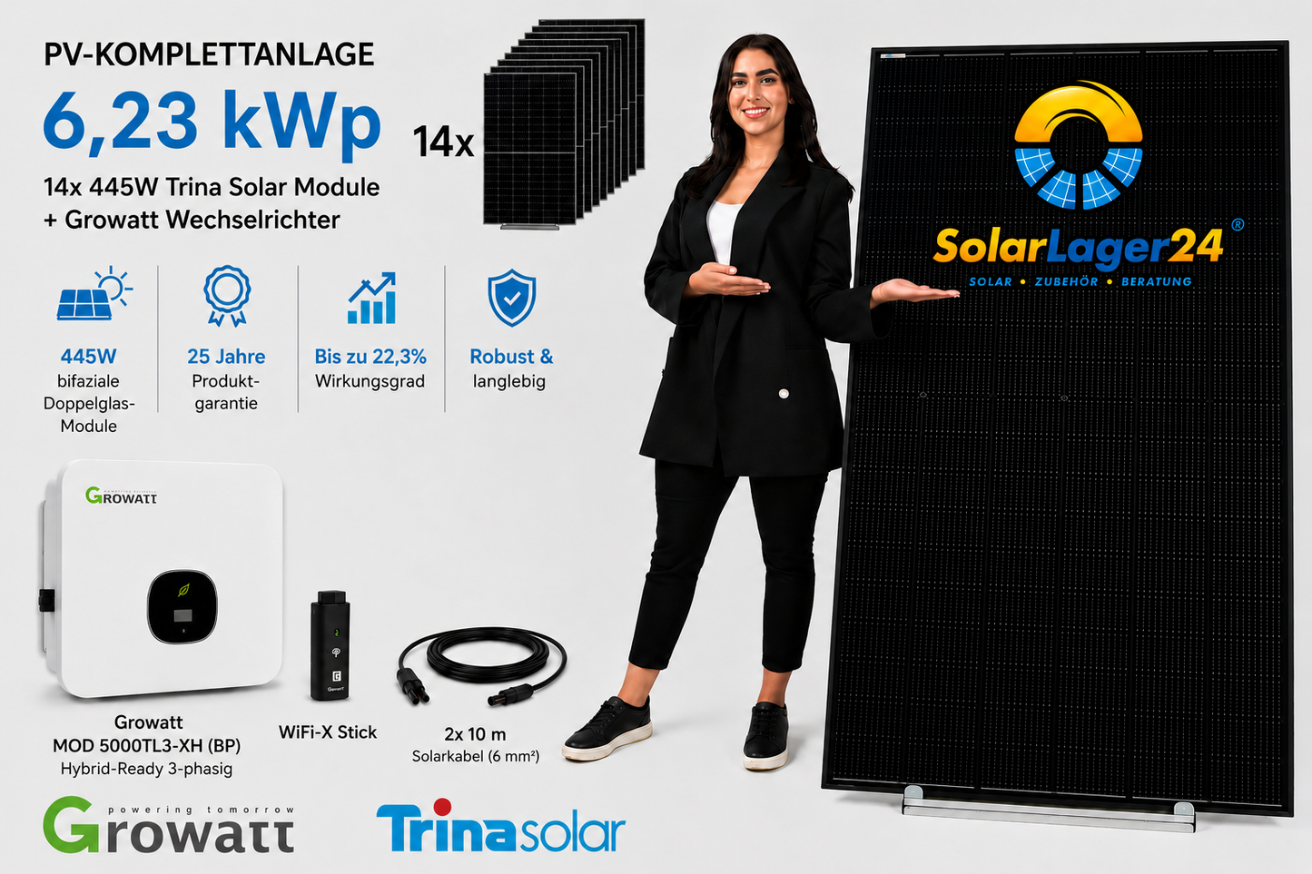 PV-Komplettanlage 6,23 kWp | 14× Trina Solar Vertex S+ 445W bifazial | Growatt MOD 5000TL3-XH (BP)