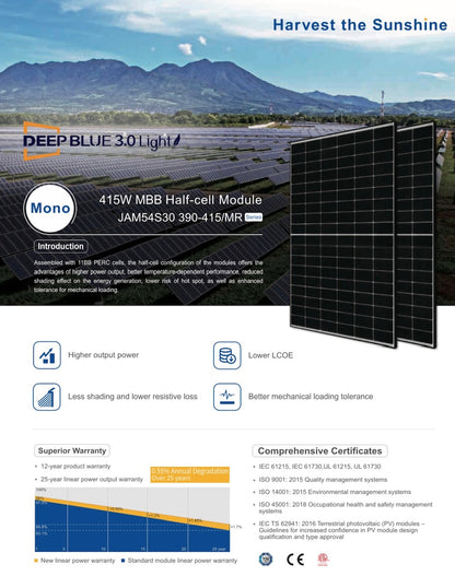 JA Solar 415W Solarmodul, Mono PERC, Black Frame