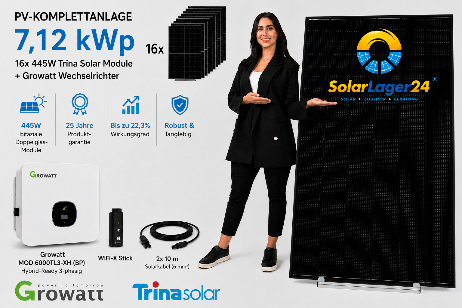 PV-Komplettanlage 7,12 kWp | 16× Trina Solar Vertex S+ 445W bifazial | Growatt MOD 6000TL3-XH (BP)